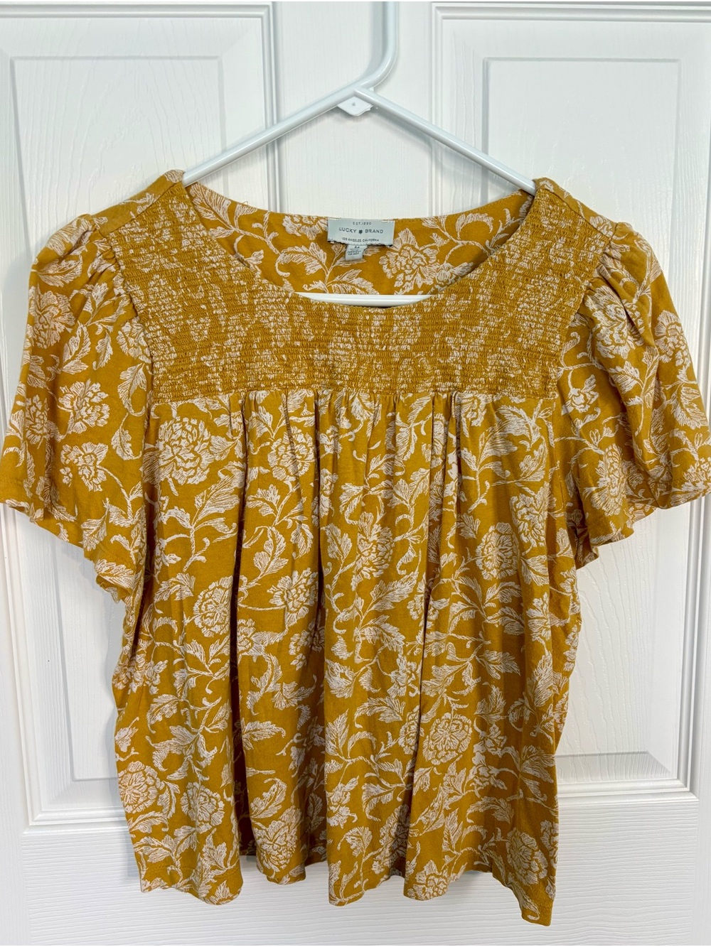Lucky Brand Mustard Yellow Floral Smocked Yoke Top